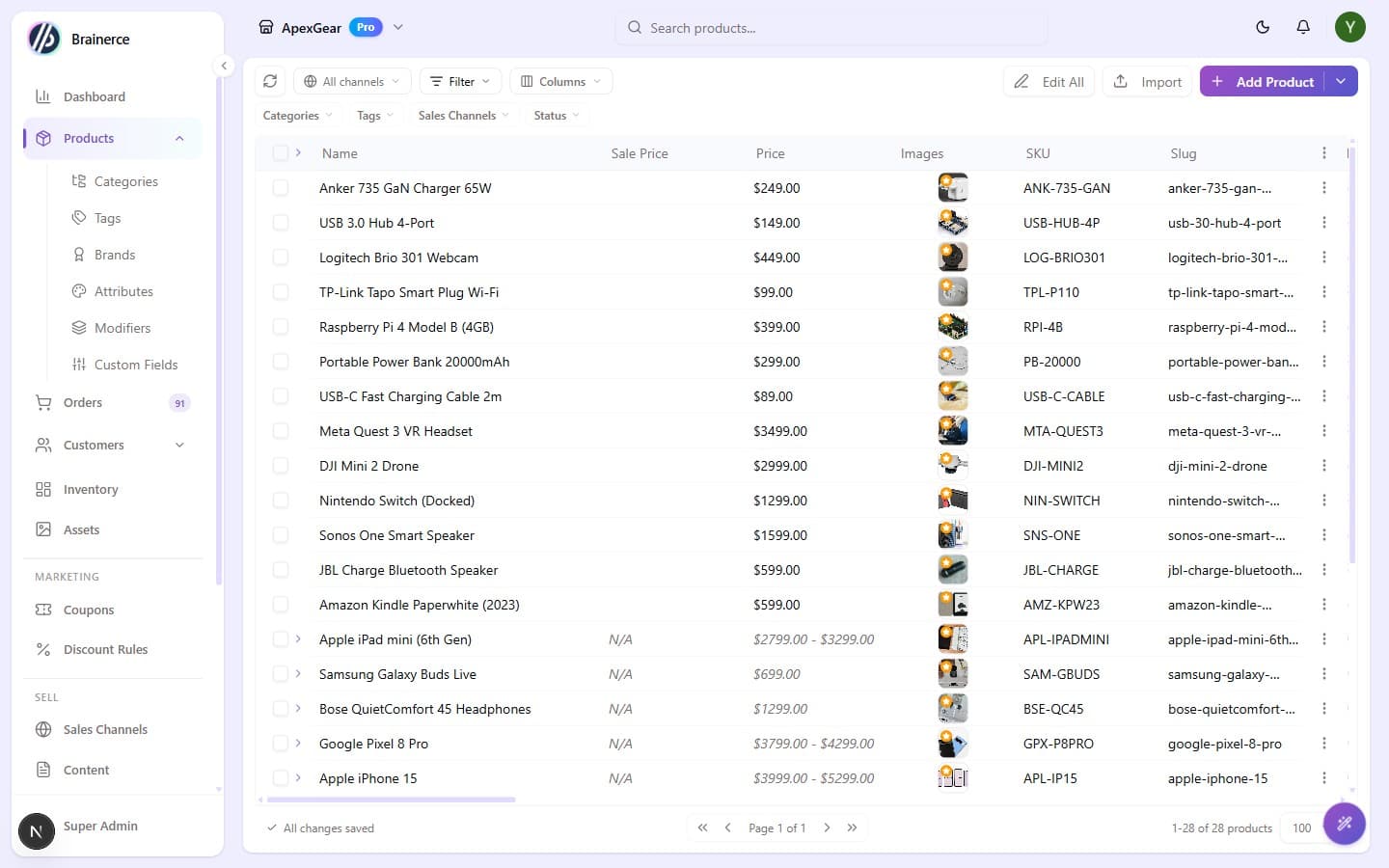 The Products table with its toolbar of All channels and language filters, Filter, Columns, Edit All, and Import, above a list of products with Name, Sale Price, Price, Images, SKU, and Slug columns